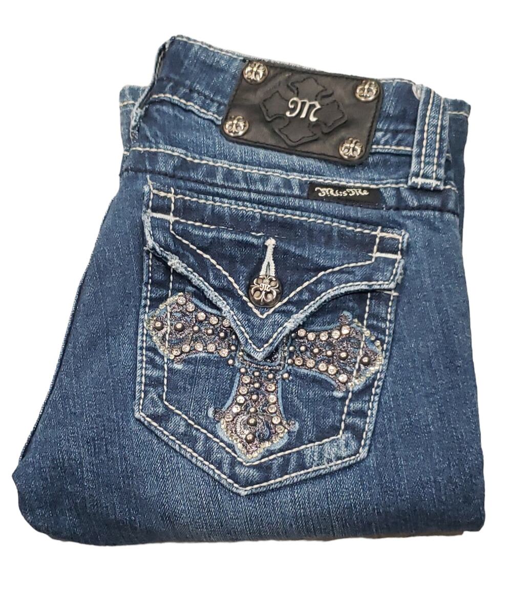 Miss Me Dark Navy Blue Cross Bling Boot Cut Jeans | Size 26